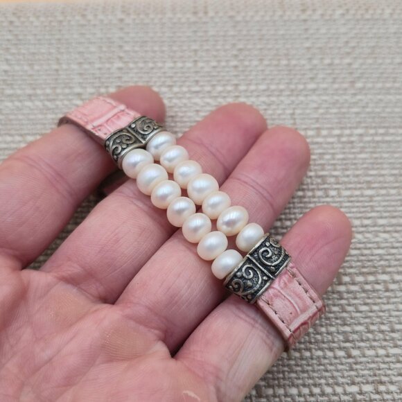 8 Inch Sterling Silver And Leather Genuine Pearls Bracelet B608 - Picture 2 of 6